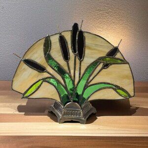 Vtg Stained Glass Cattails Tabletop Fan Lamp on Brass Base Tested Working FLAW